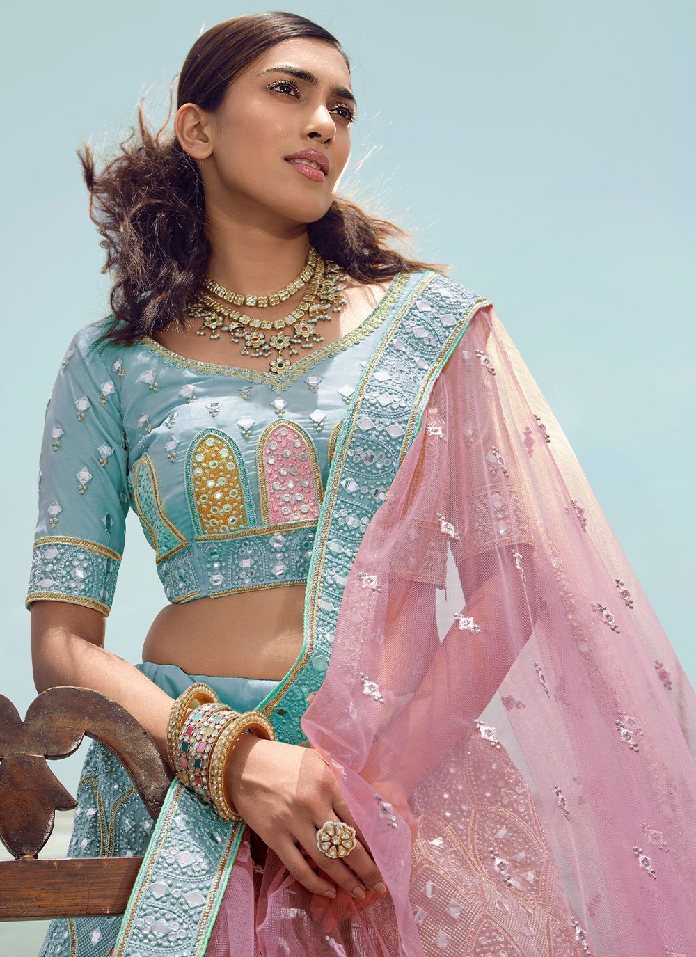 Lehenga Choli Organza Turquoise Embroidered Lehenga Choli