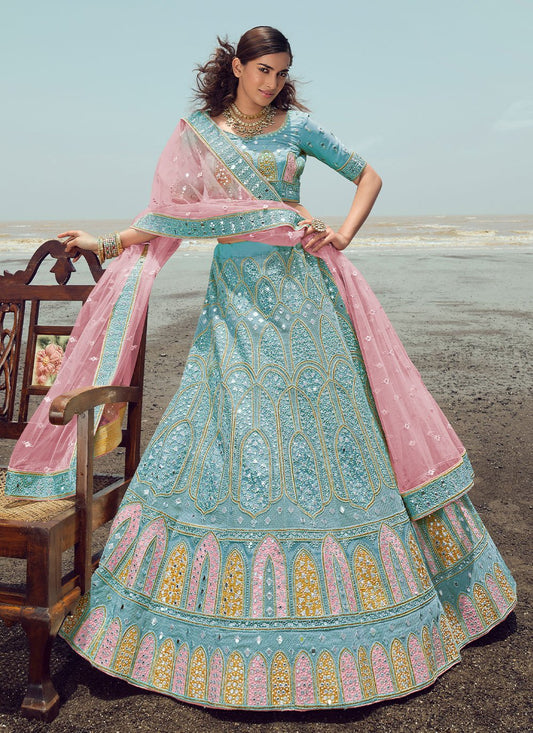 Lehenga Choli Organza Turquoise Embroidered Lehenga Choli