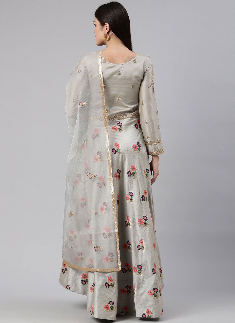 Gown Banarasi Jacquard Grey Embroidered Gown