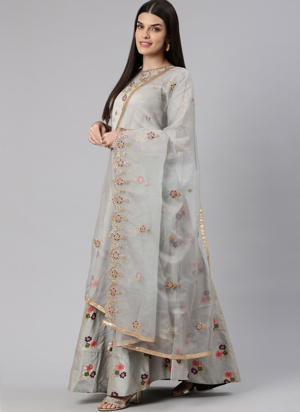 Gown Banarasi Jacquard Grey Embroidered Gown