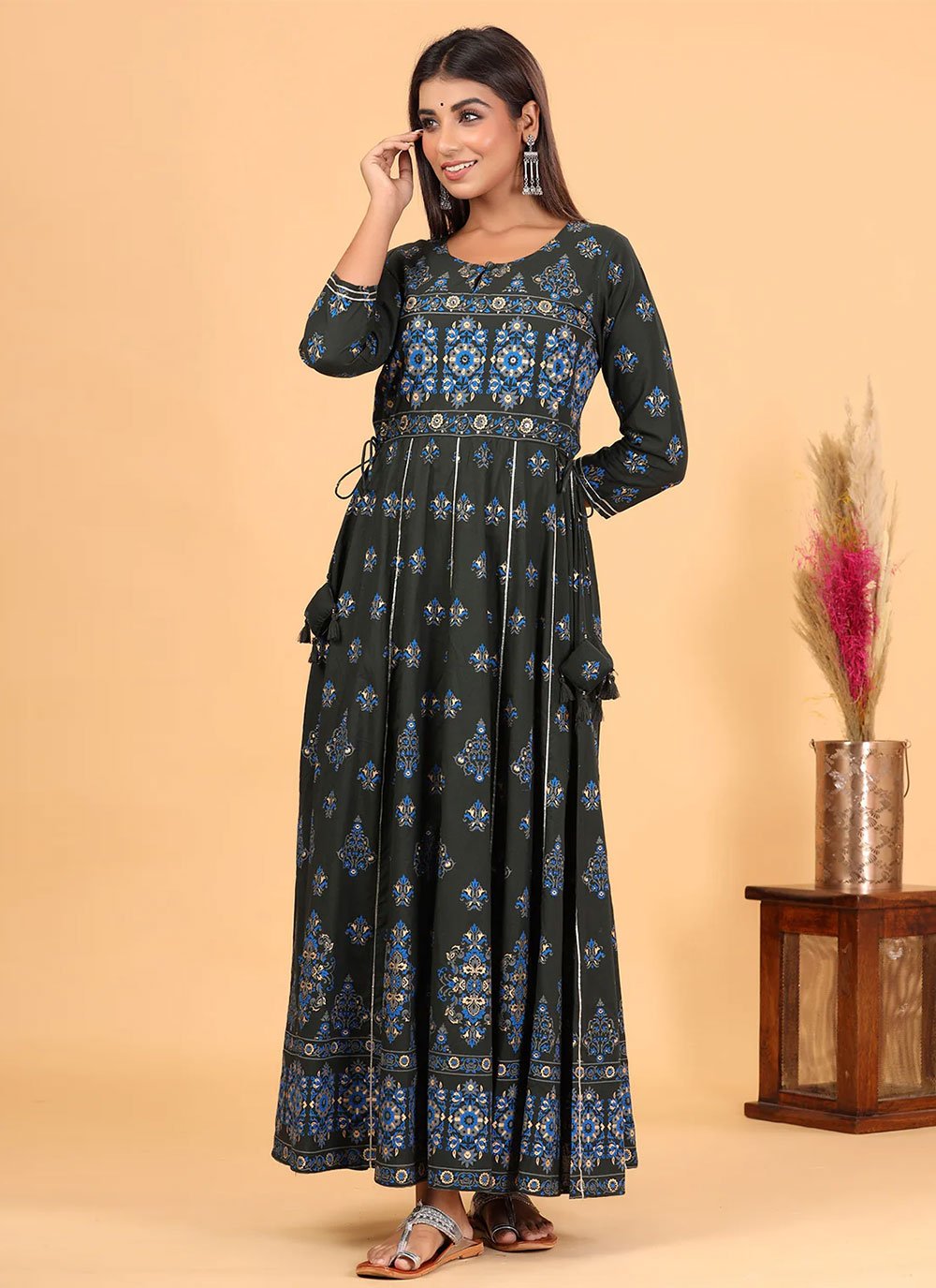 Gown Cotton Green Print Gown