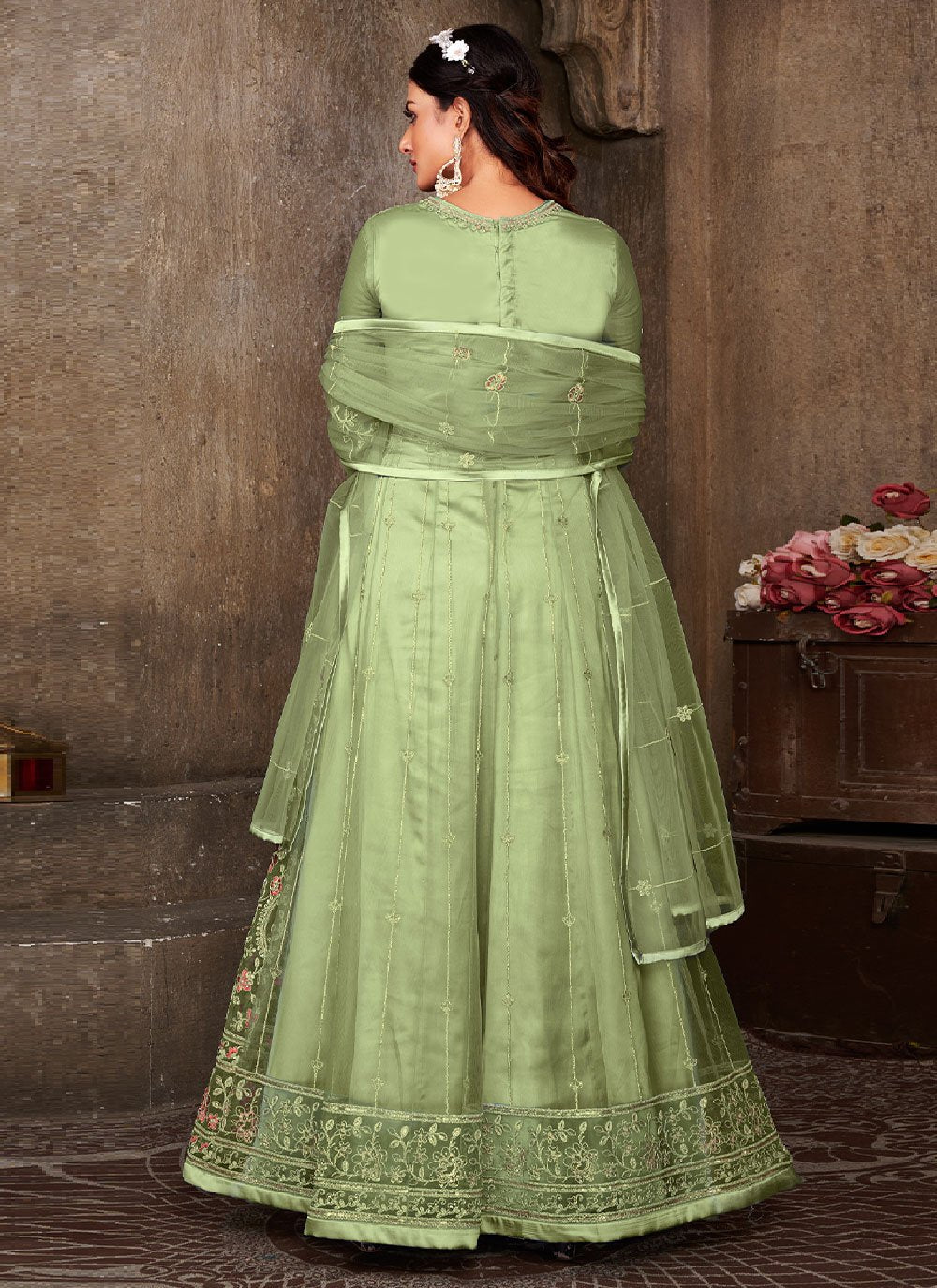 Anarkali Suit Net Green Embroidered Salwar Kameez