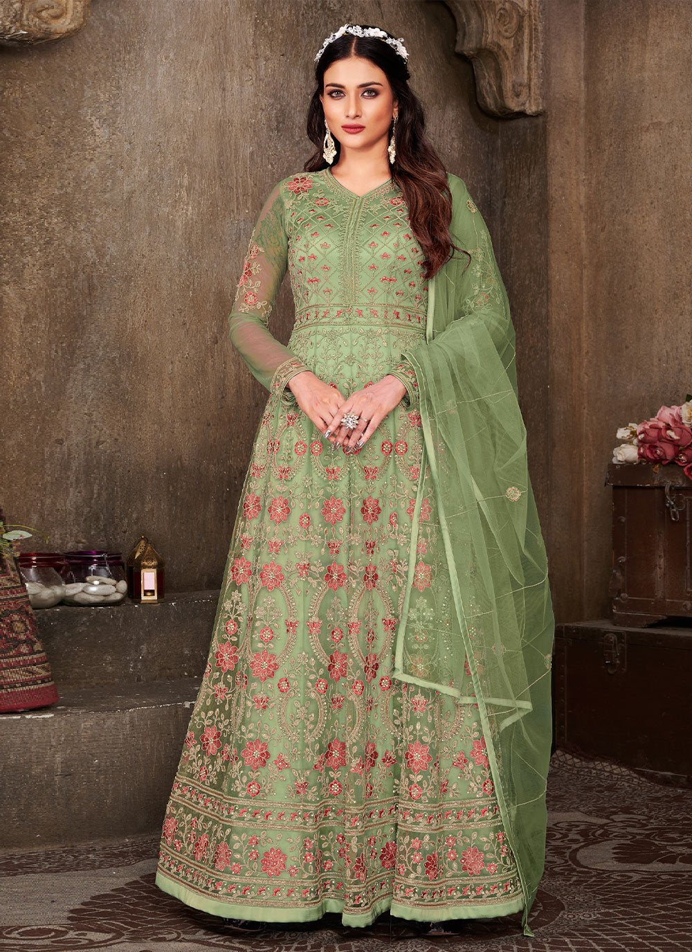 Anarkali Suit Net Green Embroidered Salwar Kameez