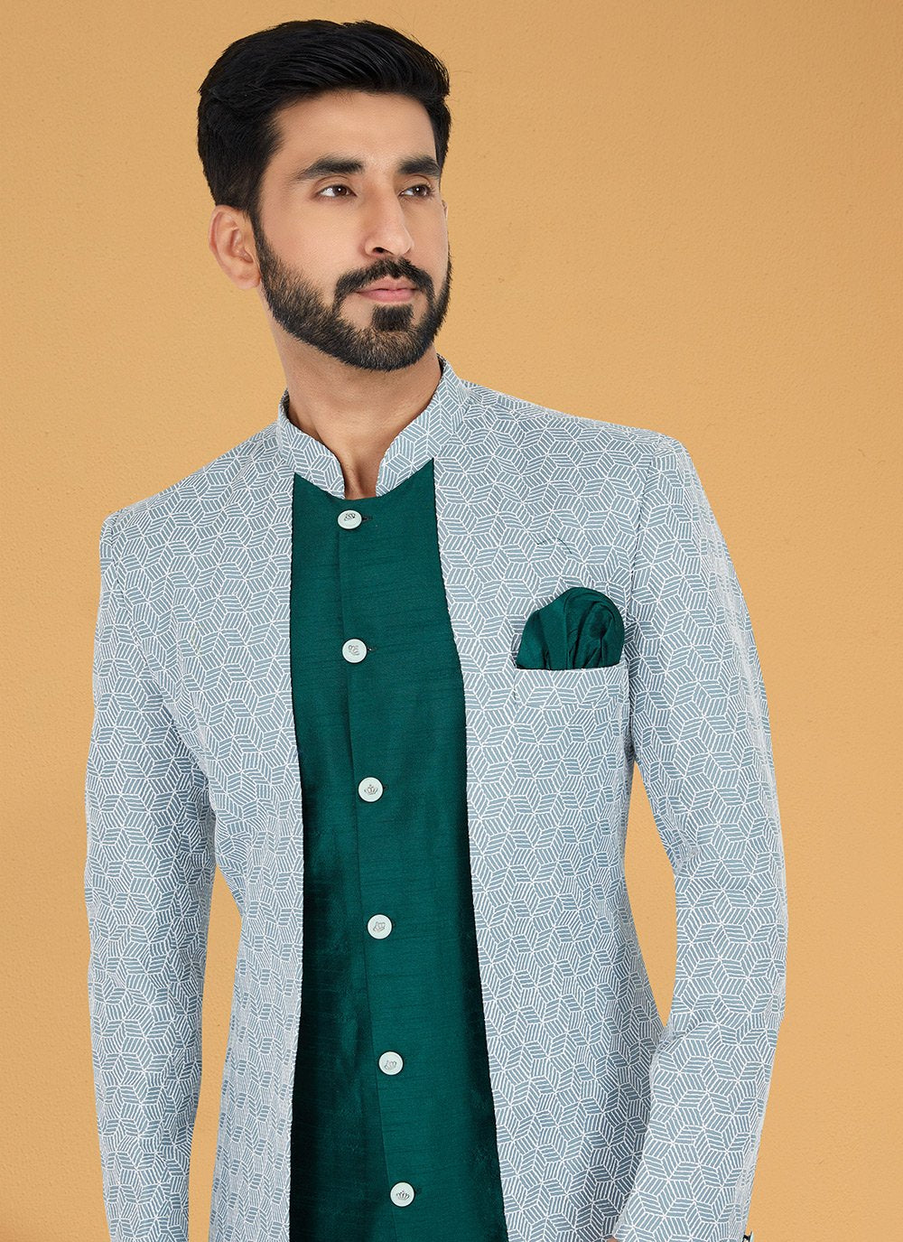 Indo Western Banarasi Silk Silk Green Grey Embroidered Mens