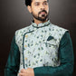 Kurta Payjama With Jacket Banarasi Jacquard Dupion Silk Green Grey Embroidered Mens