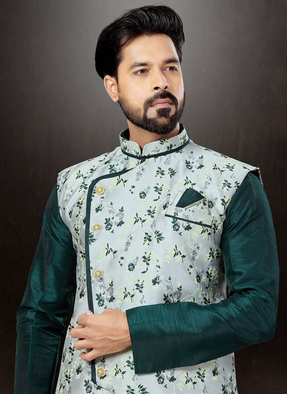 Kurta Payjama With Jacket Banarasi Jacquard Dupion Silk Green Grey Embroidered Mens