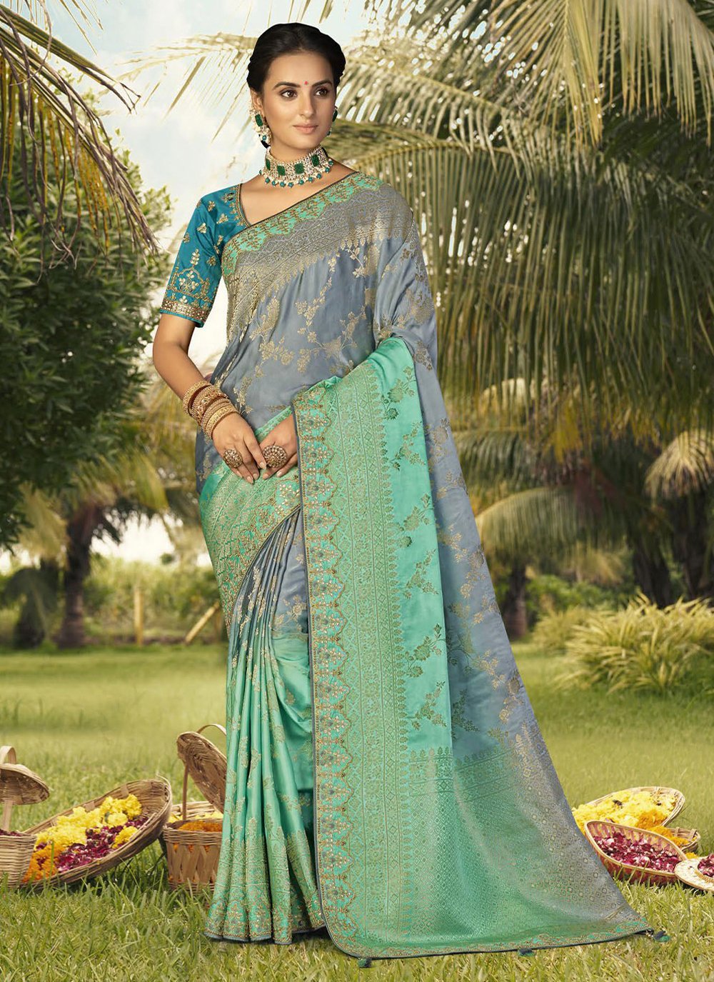 Contemporary Silk Green Grey Patch Border Saree