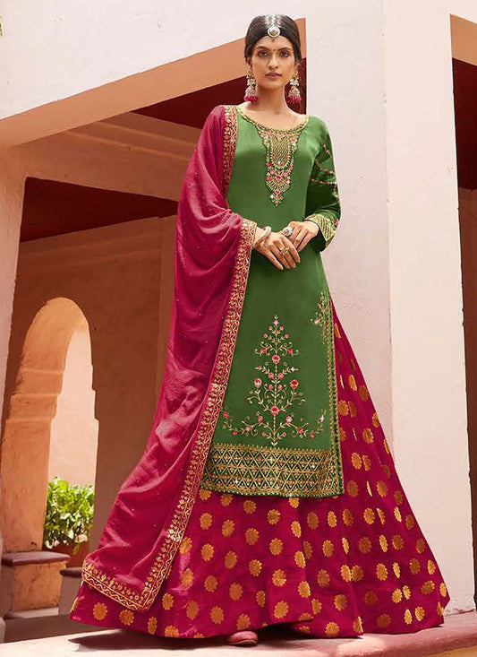 Lehenga Choli Georgette Satin Green Magenta Diamond Lehenga Choli