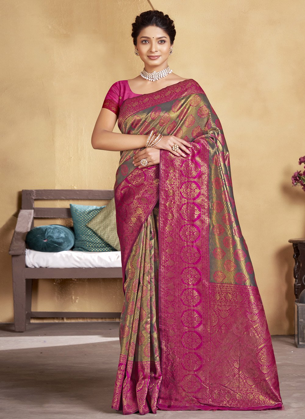 Designer Silk Green Magenta Embroidered Saree