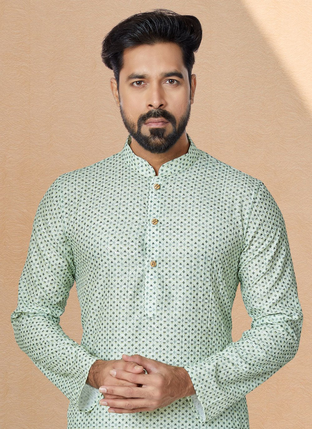 Kurta Pyjama Fancy Fabric Green Multi Colour Digital Print Mens