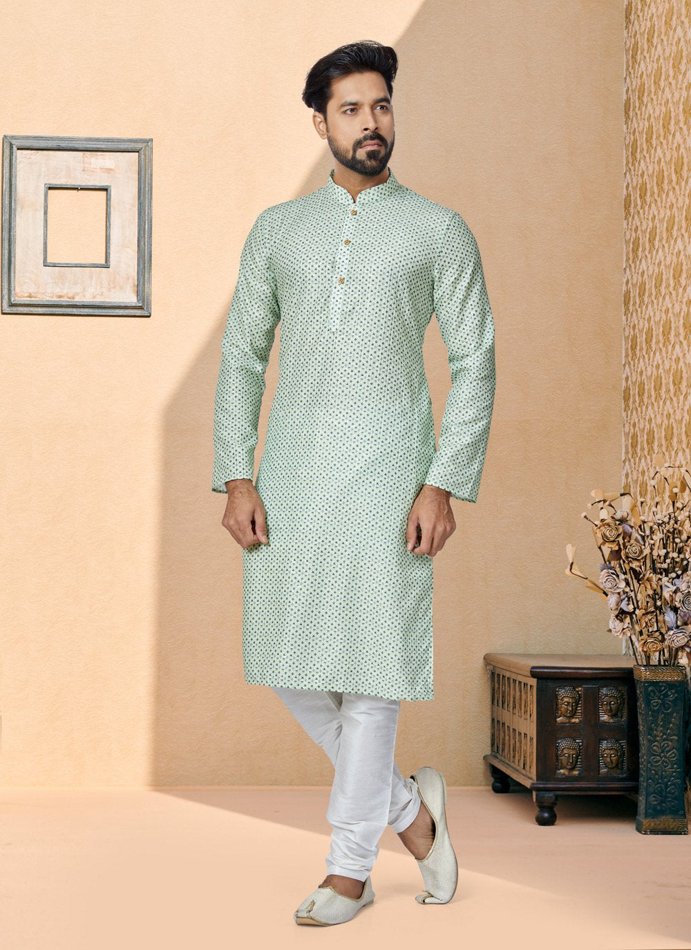 Kurta Pyjama Fancy Fabric Green Multi Colour Digital Print Mens