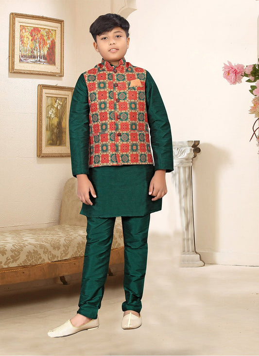 Kurta Payjama With Jacket Silk Green Multi Colour Digital Print Kids