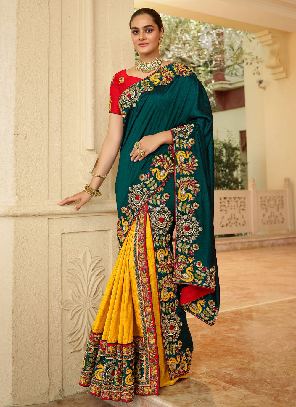 Designer Silk Green Mustard Patch Border Saree