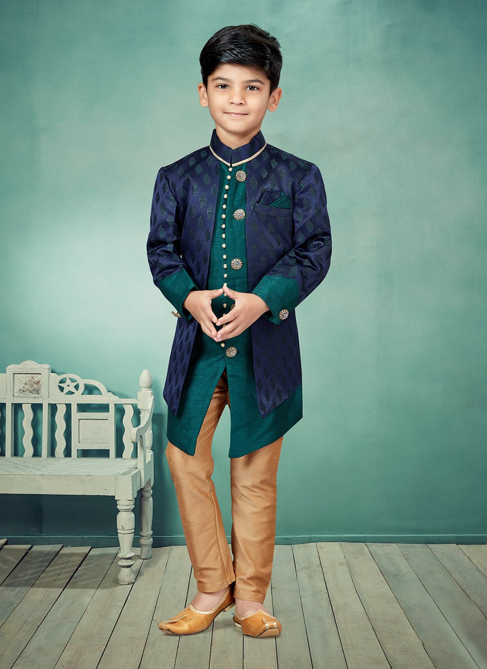 Indo Western Banarasi Jacquard Blue Green Stone Kids