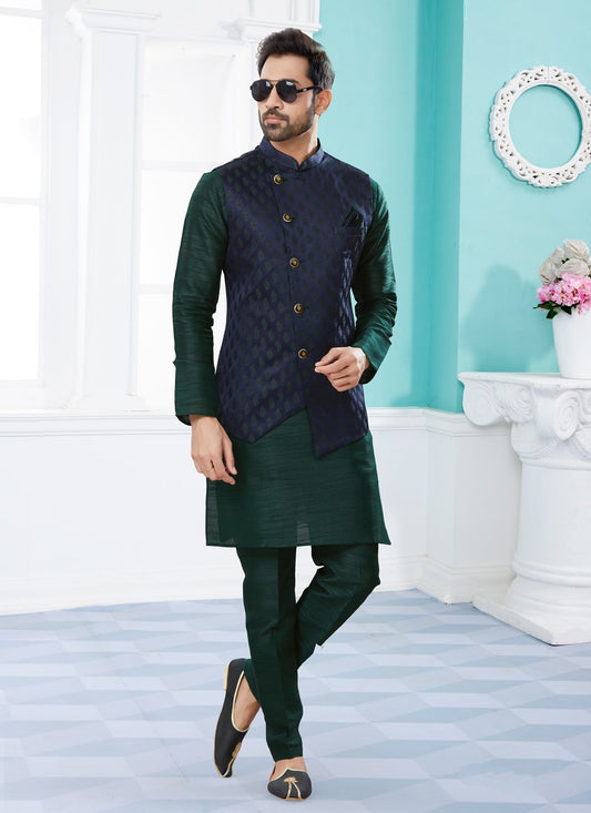 Kurta Payjama With Jacket Banarasi Silk Dupion Silk Blue Green Jacquard Work Mens