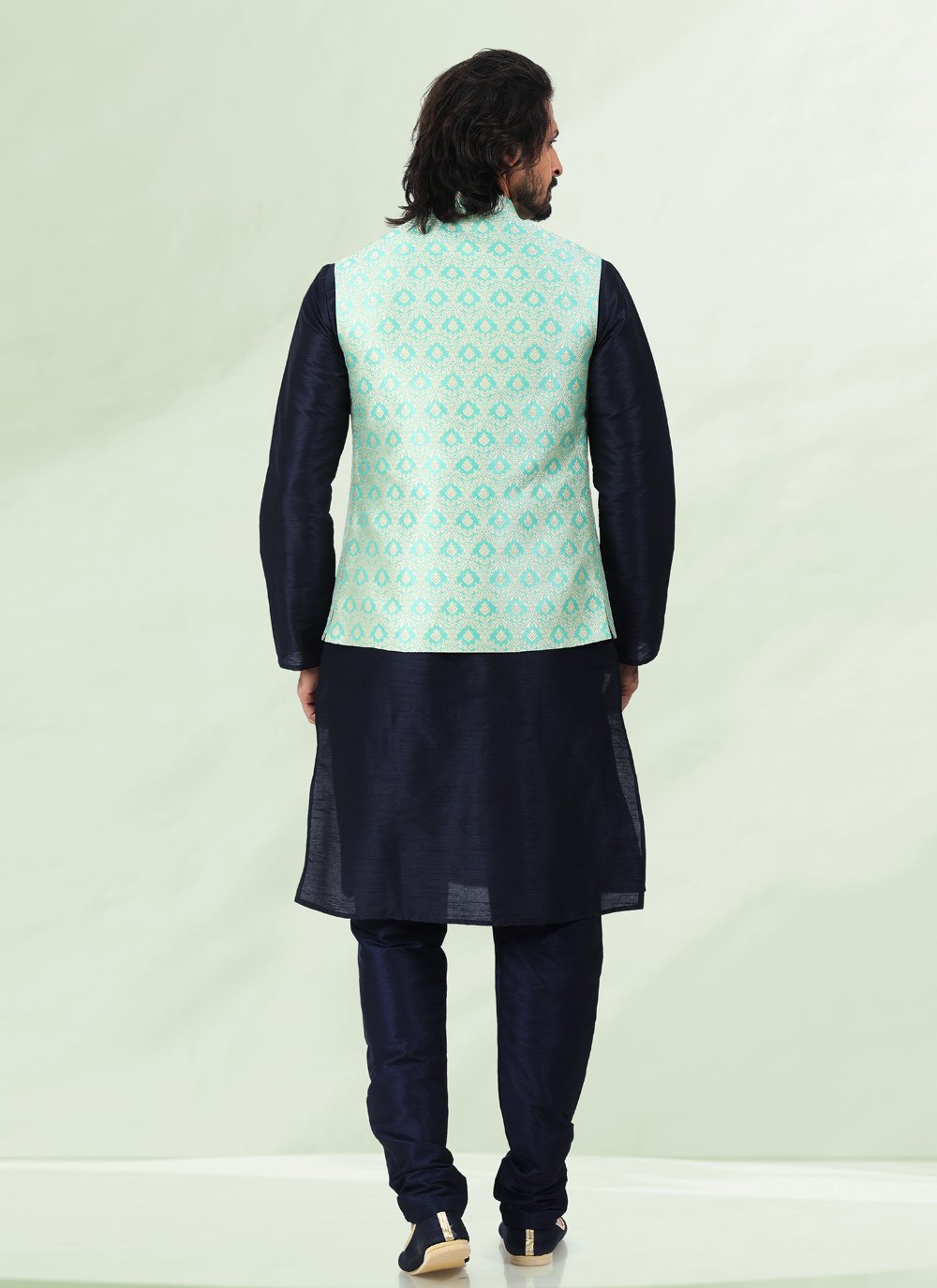 Kurta Payjama With Jacket Banarasi Silk Jacquard Blue Green Jacquard Work Mens