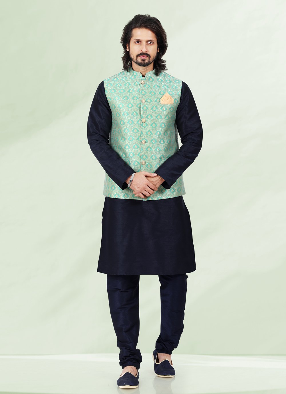 Kurta Payjama With Jacket Banarasi Silk Jacquard Blue Green Jacquard Work Mens