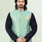 Kurta Payjama With Jacket Banarasi Silk Jacquard Blue Green Jacquard Work Mens