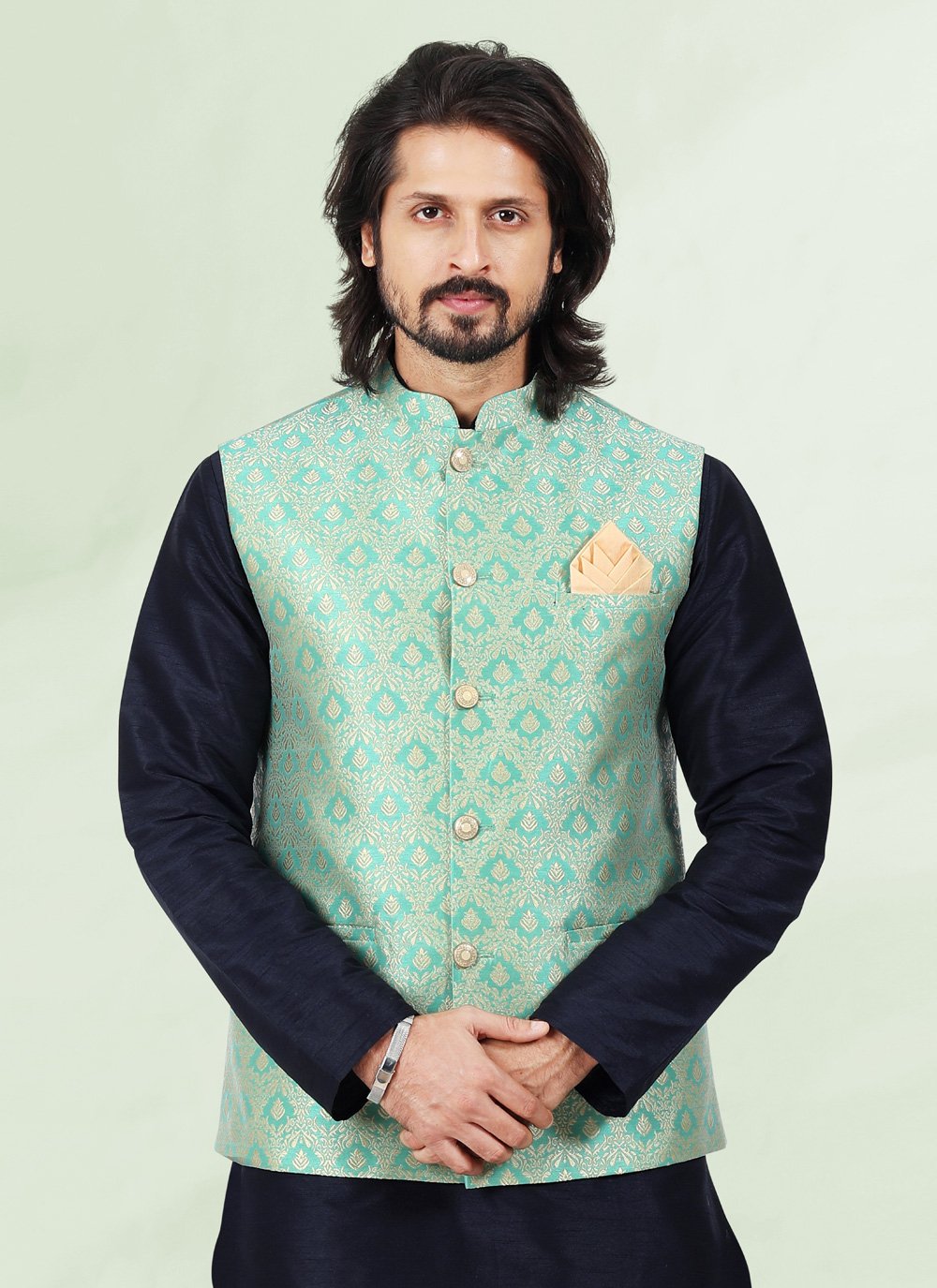 Kurta Payjama With Jacket Banarasi Silk Jacquard Blue Green Jacquard Work Mens