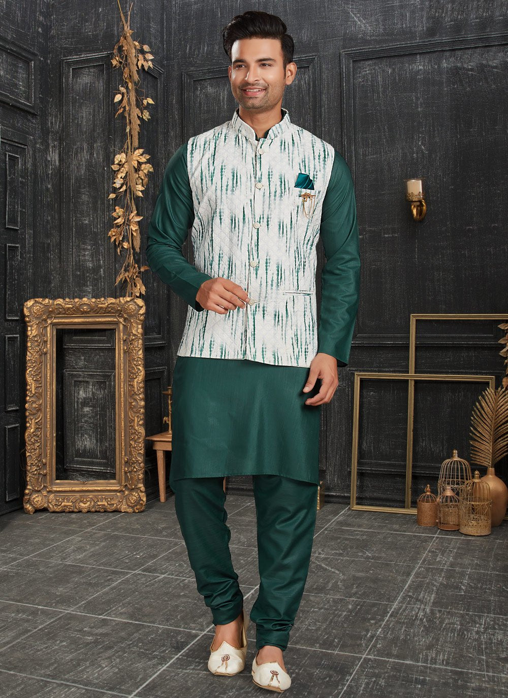 Kurta Payjama With Jacket Cotton Green Off White Chicken Mens