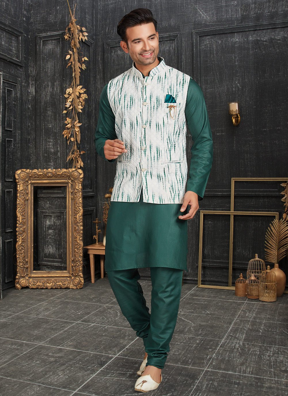 Kurta Payjama With Jacket Cotton Green Off White Chicken Mens