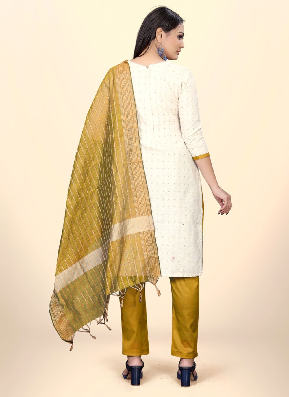 Salwar Suit Cotton Jacquard Green Off White Embroidered Salwar Kameez