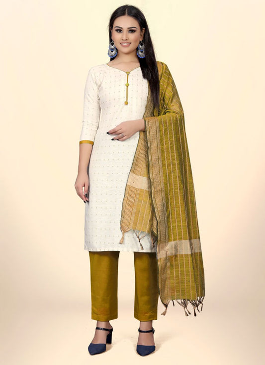 Salwar Suit Cotton Jacquard Green Off White Embroidered Salwar Kameez