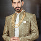 Indo Western Sherwani Banarasi Jacquard Dupion Silk Green Off White Embroidered Mens