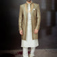 Indo Western Sherwani Banarasi Jacquard Dupion Silk Green Off White Embroidered Mens