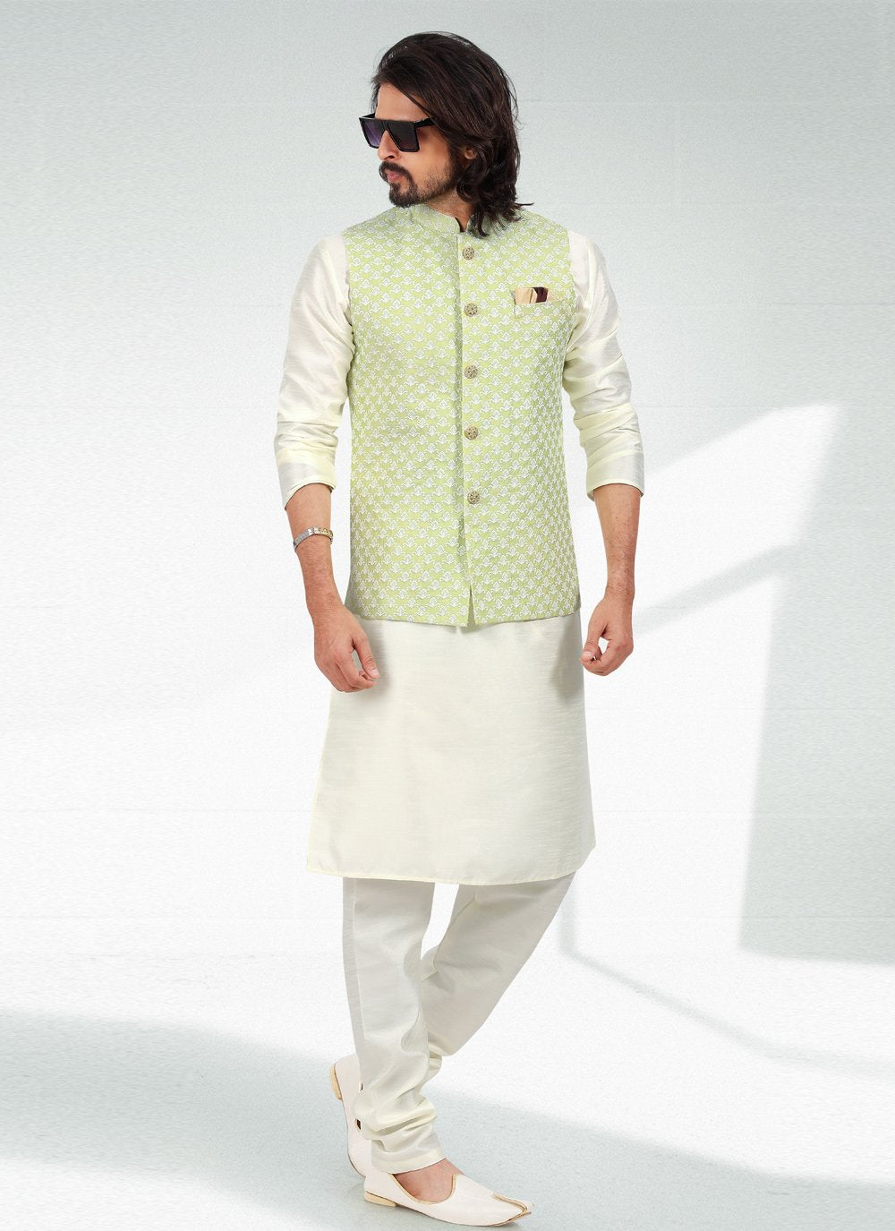 Kurta Payjama With Jacket Art Banarasi Silk Green Off White Thread Mens