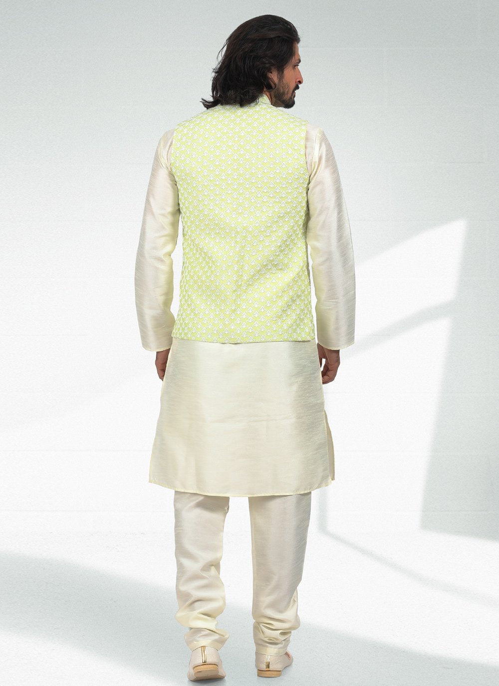 Kurta Payjama With Jacket Art Banarasi Silk Green Off White Thread Mens