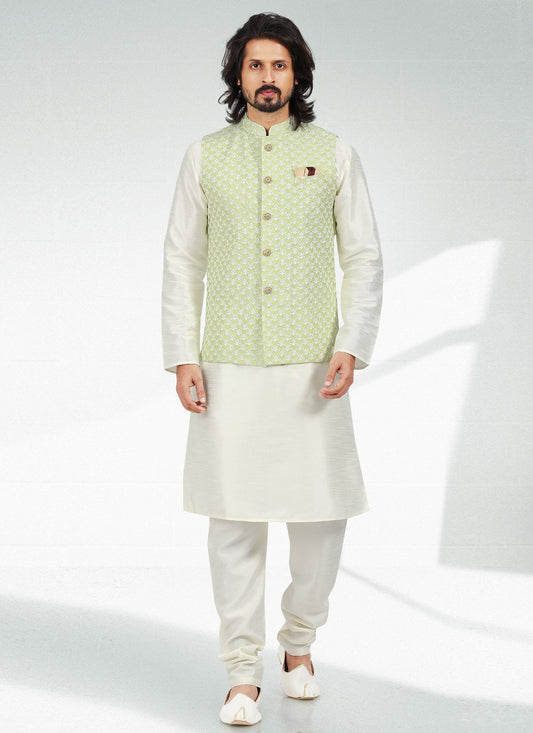 Kurta Payjama With Jacket Art Banarasi Silk Green Off White Thread Mens