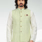 Kurta Payjama With Jacket Art Banarasi Silk Green Off White Thread Mens