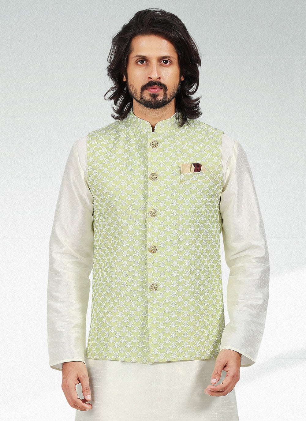 Kurta Payjama With Jacket Art Banarasi Silk Green Off White Thread Mens