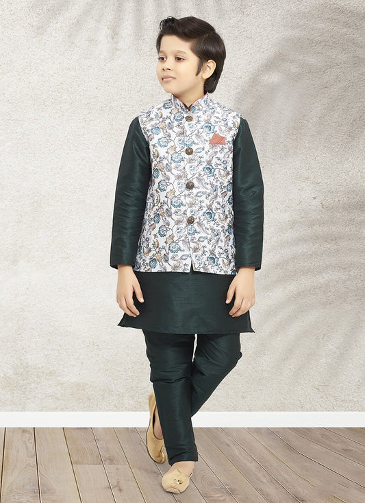 Kurta Payjama With Jacket Banarasi Silk Green Off White Print Kids