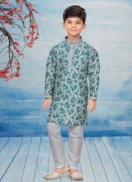 Kurta Pyjama Dupion Silk Green Off White Print Kids