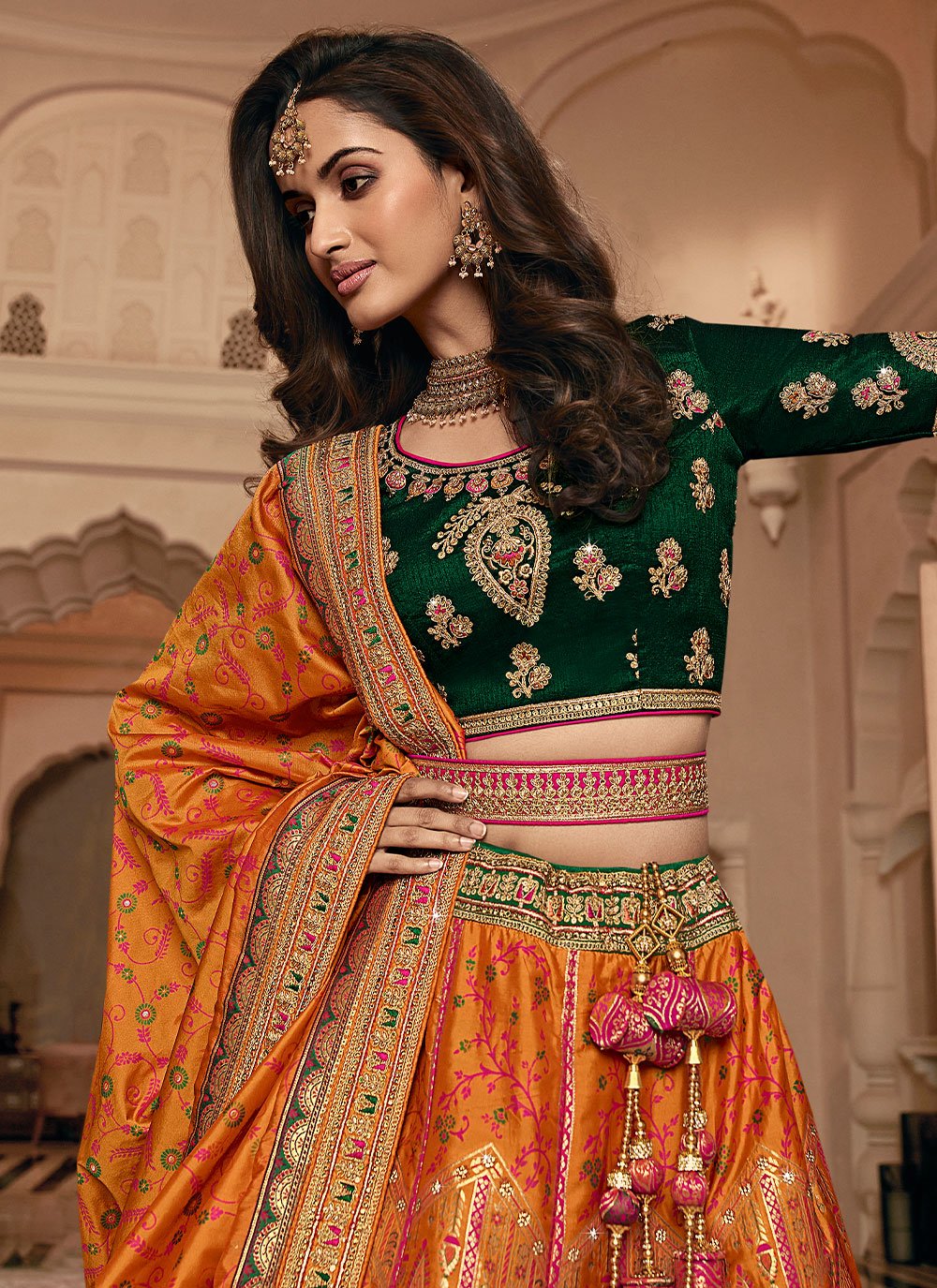 Lehenga Choli Banarasi Silk Green Orange Embroidered Lehenga Choli