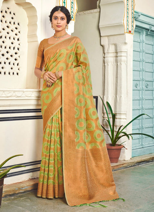 Designer Organza Green Orange Fancy Work Saree