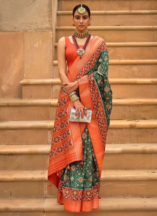 Contemporary Patola Silk Green Orange Weaving Saree