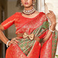 Traditional Saree Banarasi Silk Green Orange Jacquard Work Saree