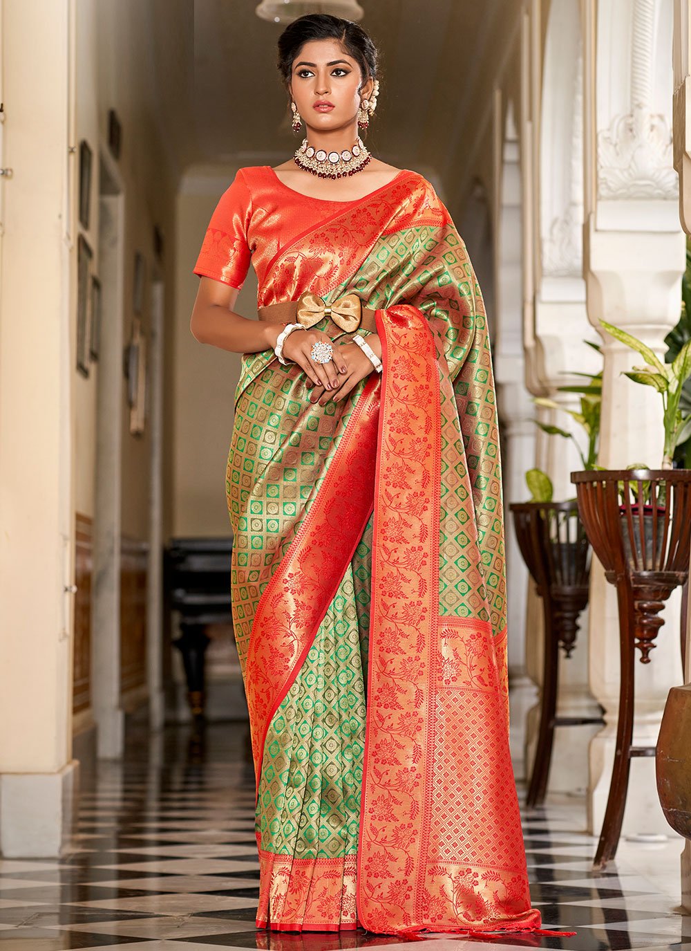 Traditional Saree Banarasi Silk Green Orange Jacquard Work Saree