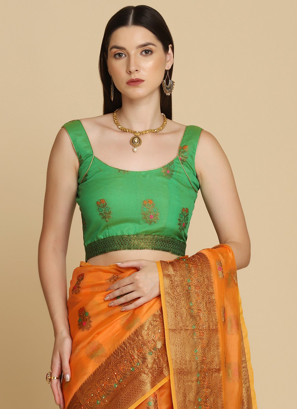 Traditional Saree Organza Green Orange Weaving Saree