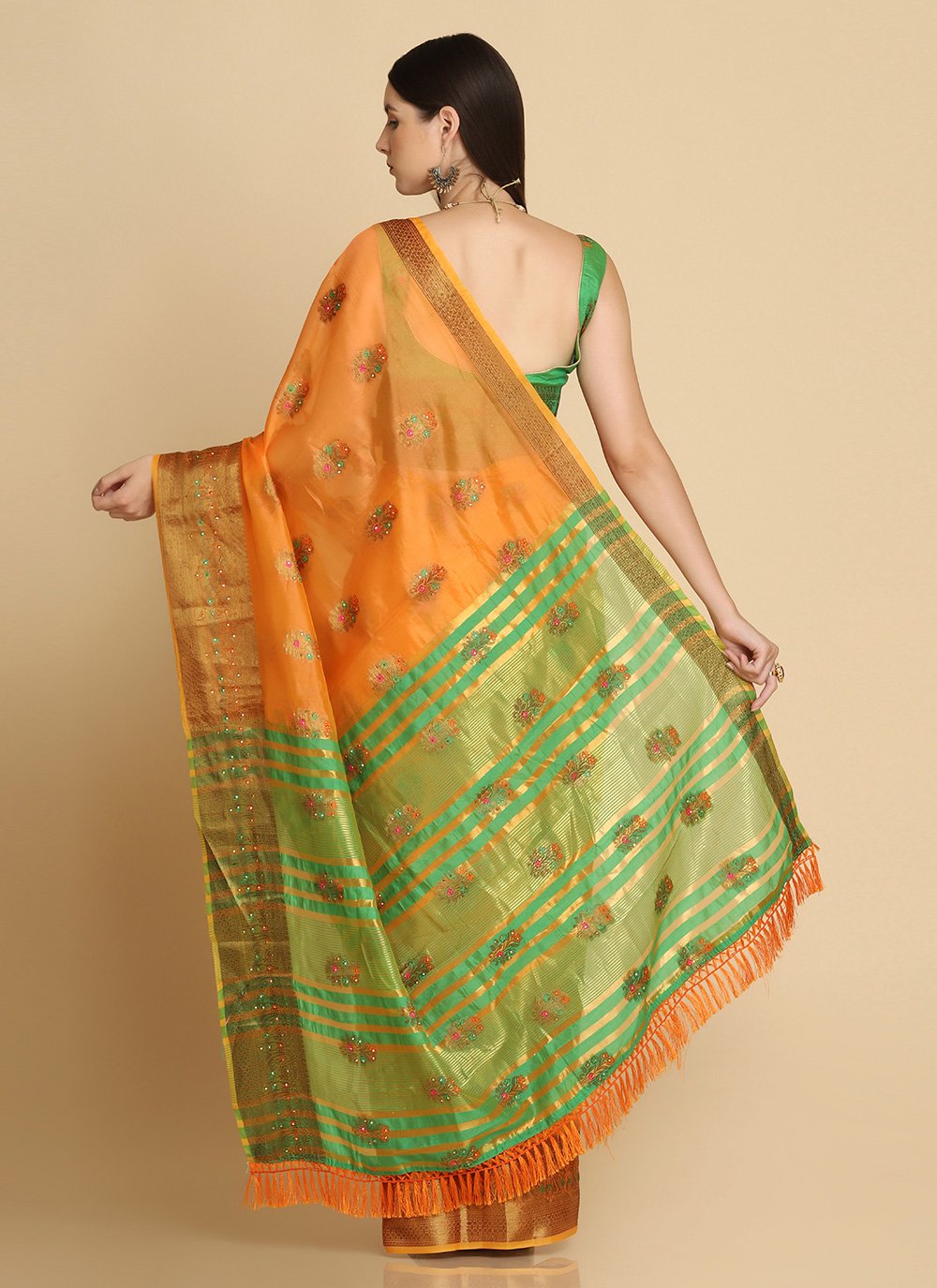 Traditional Saree Organza Green Orange Weaving Saree