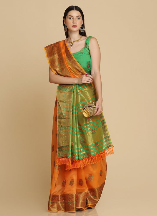 Traditional Saree Organza Green Orange Weaving Saree