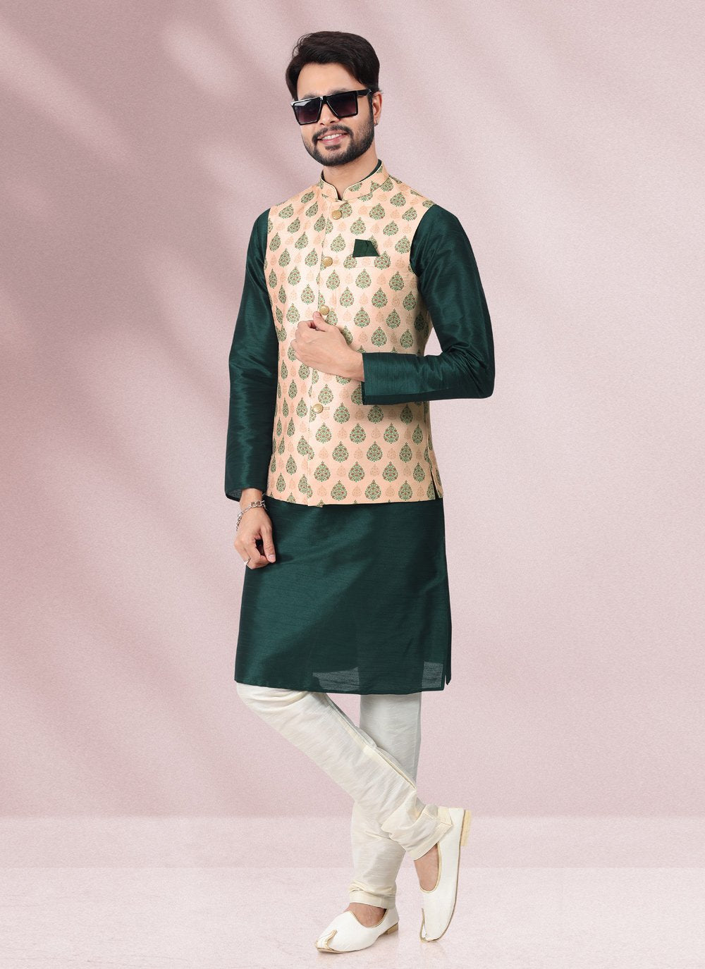 Kurta Payjama With Jacket Banarasi Silk Green Peach Print Mens