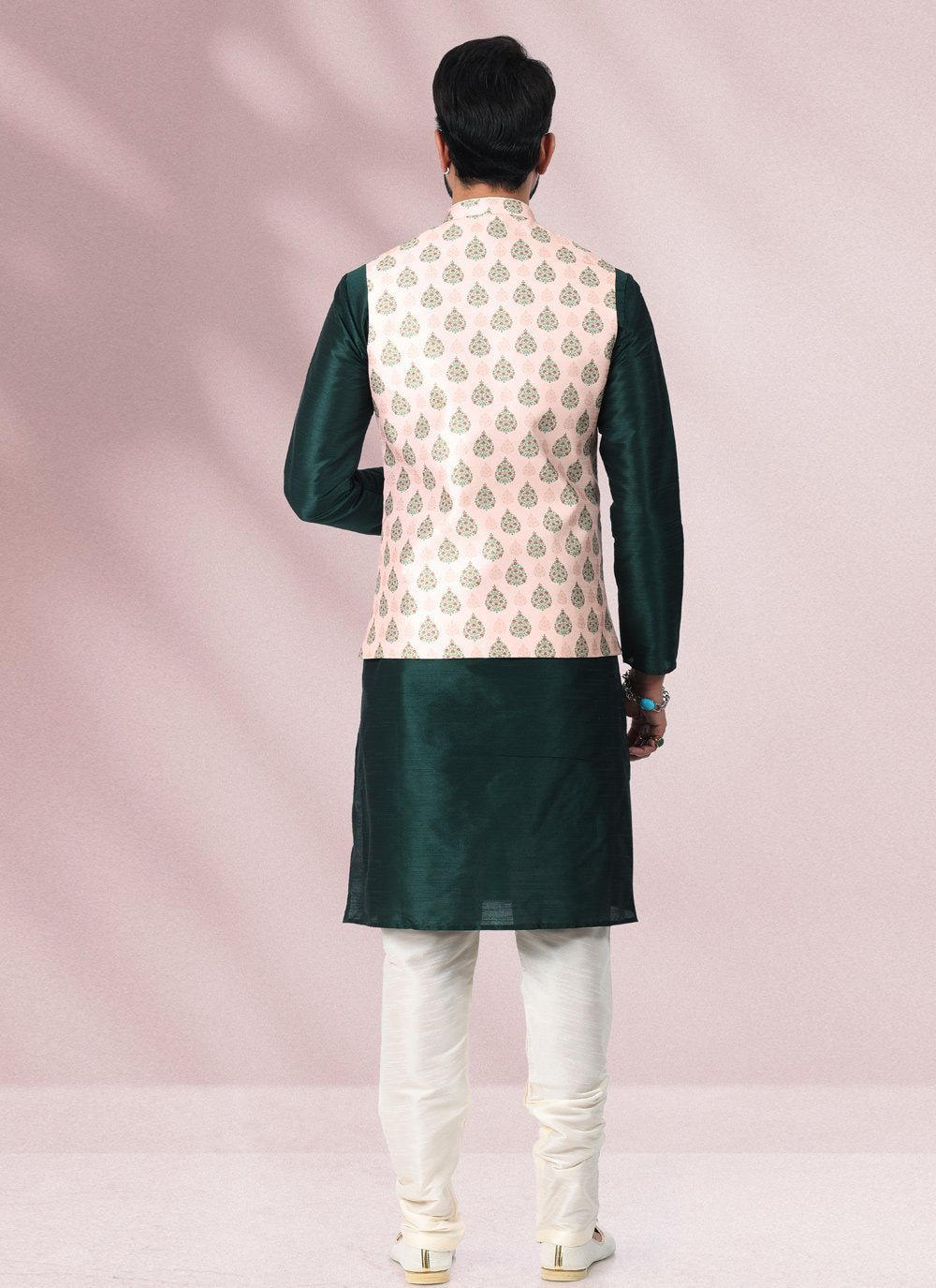 Kurta Payjama With Jacket Banarasi Silk Green Peach Print Mens