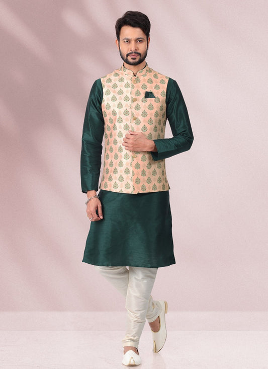 Kurta Payjama With Jacket Banarasi Silk Green Peach Print Mens