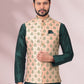 Kurta Payjama With Jacket Banarasi Silk Green Peach Print Mens