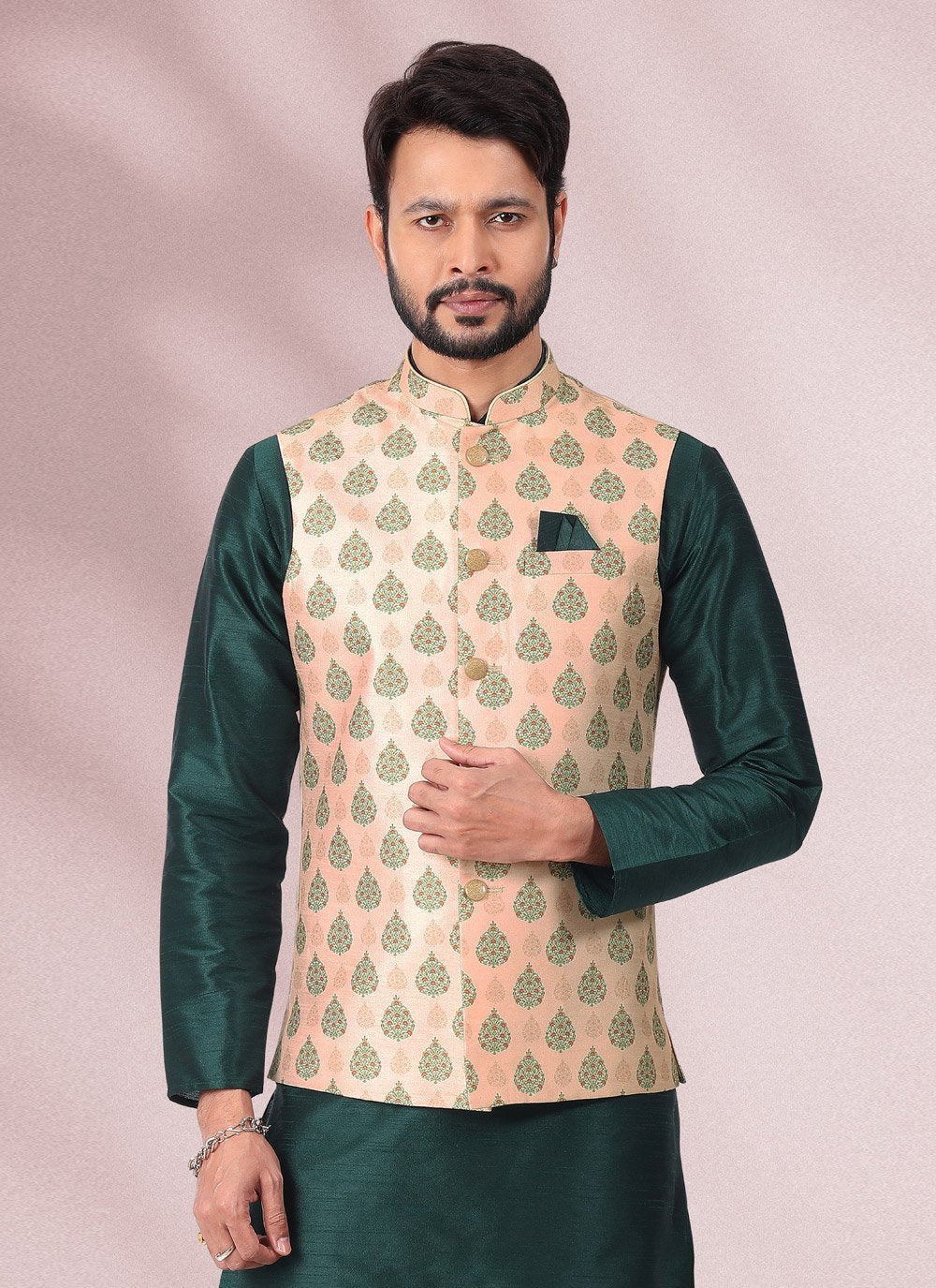 Kurta Payjama With Jacket Banarasi Silk Green Peach Print Mens