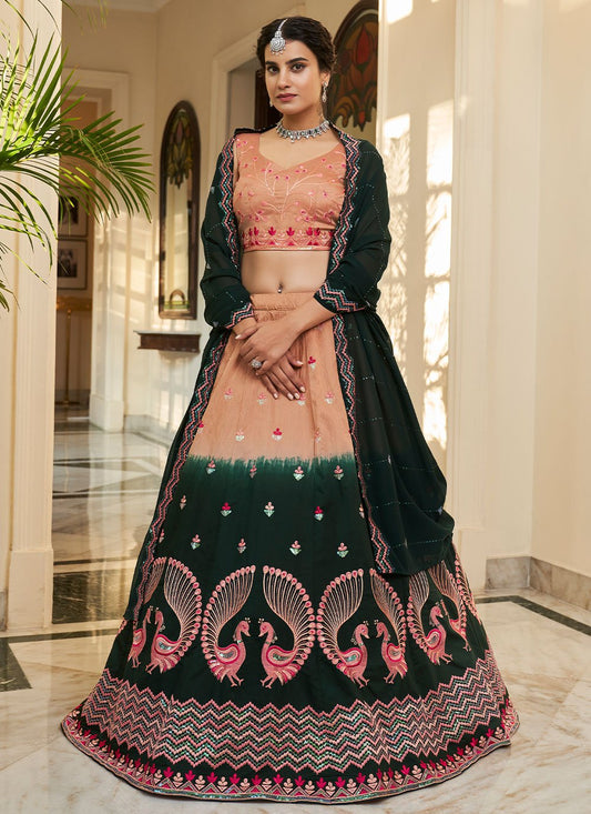 Lehenga Choli Art Silk Green Peach Embroidered Lehenga Choli